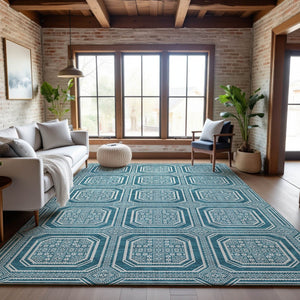 HomeRoots 5' X 8' Teal And Ivory Geometric Area Rug – Washable, Stain-Resistant, UV Protected for Homes 693836