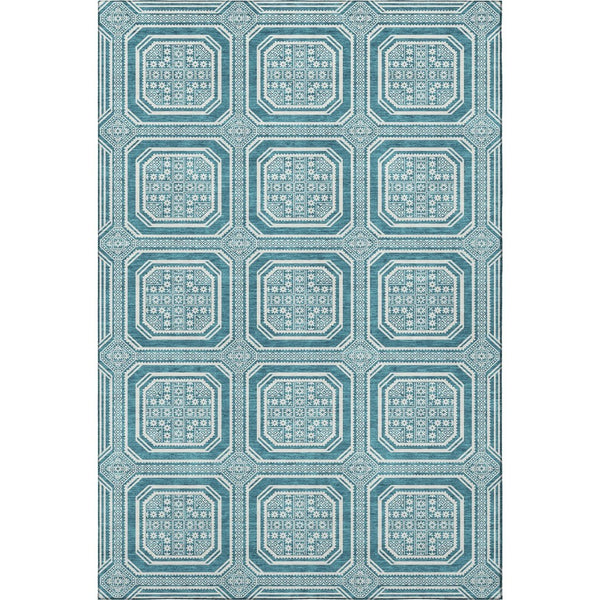 HomeRoots 5' X 8' Teal And Ivory Geometric Area Rug – Washable, Stain-Resistant, UV Protected for Homes 693836