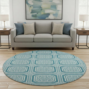HomeRoots 8' X 8' Teal and Ivory Geometric Round Rug – Washable, UV-Protected, Modern Style for Any Space 693837