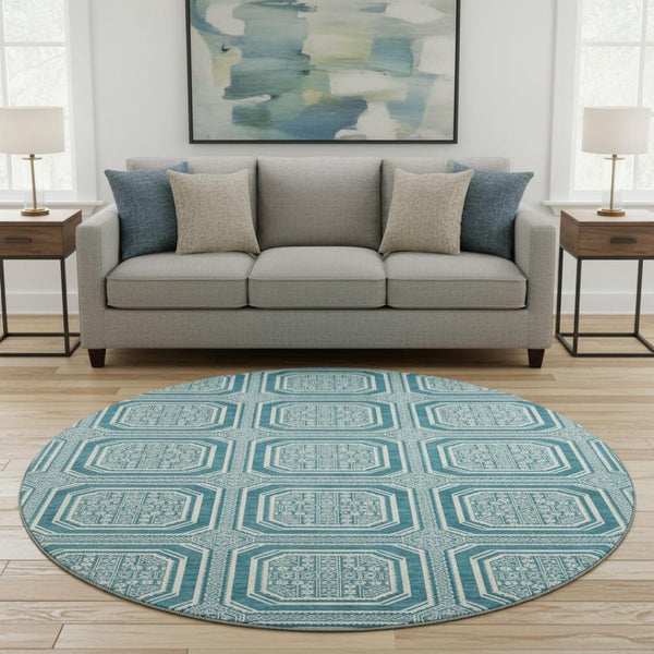 HomeRoots 8' X 8' Teal and Ivory Geometric Round Rug – Washable, UV-Protected, Modern Style for Any Space 693837