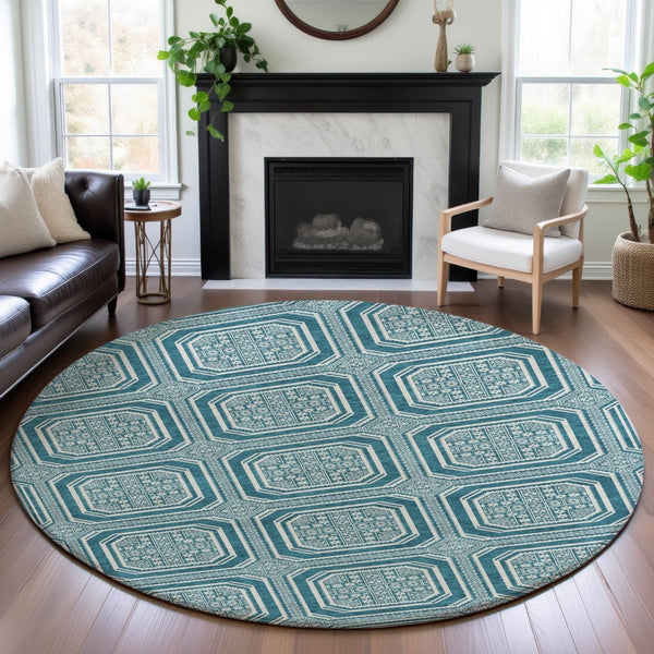 HomeRoots 8' X 8' Teal and Ivory Geometric Round Rug – Washable, UV-Protected, Modern Style for Any Space 693837