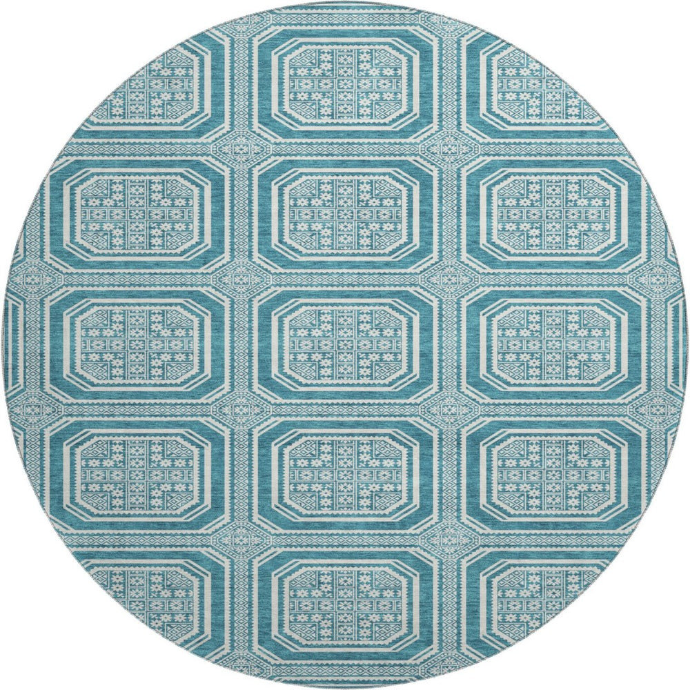 HomeRoots 8' X 8' Teal and Ivory Geometric Round Rug – Washable, UV-Protected, Modern Style for Any Space 693837