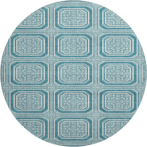 HomeRoots 8' X 8' Teal and Ivory Geometric Round Rug – Washable, UV-Protected, Modern Style for Any Space 693837