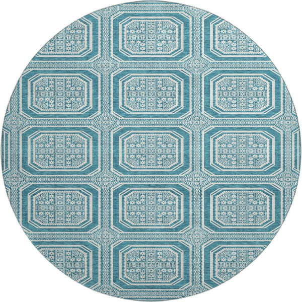 HomeRoots 8' X 8' Teal and Ivory Geometric Round Rug – Washable, UV-Protected, Modern Style for Any Space 693837
