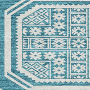 HomeRoots 8' X 8' Teal and Ivory Geometric Round Rug – Washable, UV-Protected, Modern Style for Any Space 693837