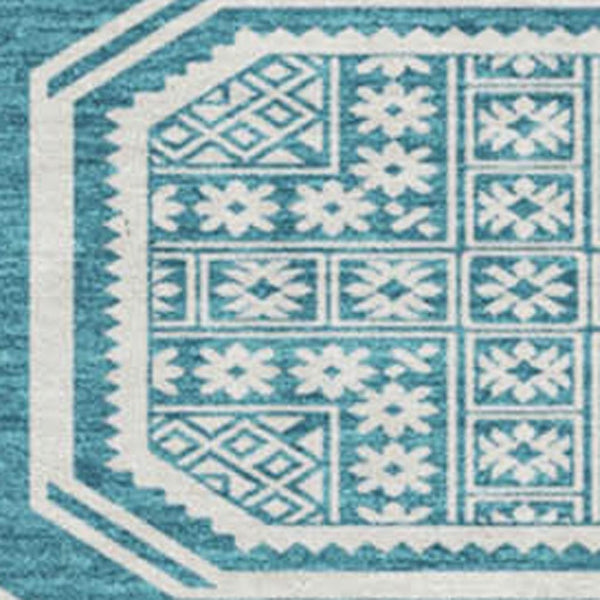 HomeRoots 8' X 8' Teal and Ivory Geometric Round Rug – Washable, UV-Protected, Modern Style for Any Space 693837