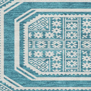 HomeRoots 8' X 8' Teal and Ivory Geometric Round Rug – Washable, UV-Protected, Modern Style for Any Space 693837