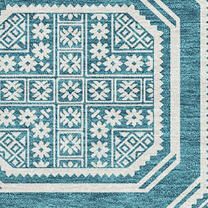 HomeRoots 8' Teal And Ivory Geometric Area Rug - Washable, UV-Protected, Perfect for High-Traffic Spaces! 693838