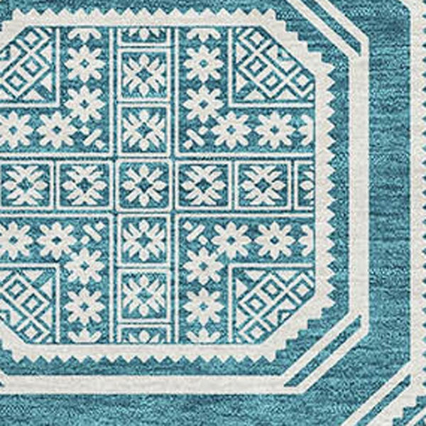 HomeRoots 8' Teal And Ivory Geometric Area Rug - Washable, UV-Protected, Perfect for High-Traffic Spaces! 693838