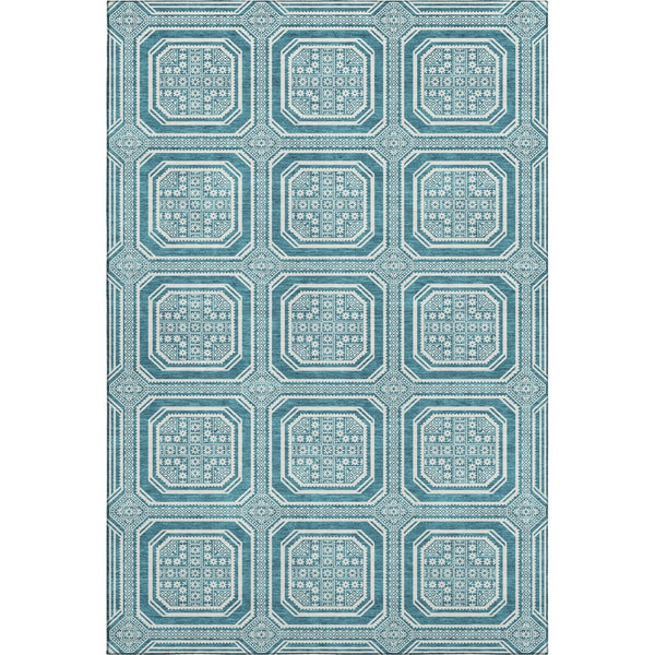 HomeRoots 9' X 12' Teal and Ivory Geometric Area Rug - Durable, Washable, UV-Protected for High-Traffic Spaces 693839