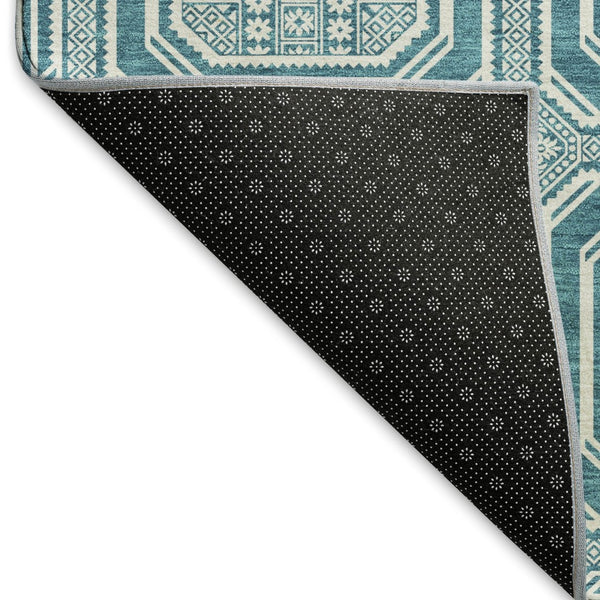 HomeRoots 9' X 12' Teal and Ivory Geometric Area Rug - Durable, Washable, UV-Protected for High-Traffic Spaces 693839