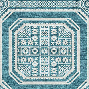 HomeRoots 9' X 12' Teal and Ivory Geometric Area Rug - Durable, Washable, UV-Protected for High-Traffic Spaces 693839