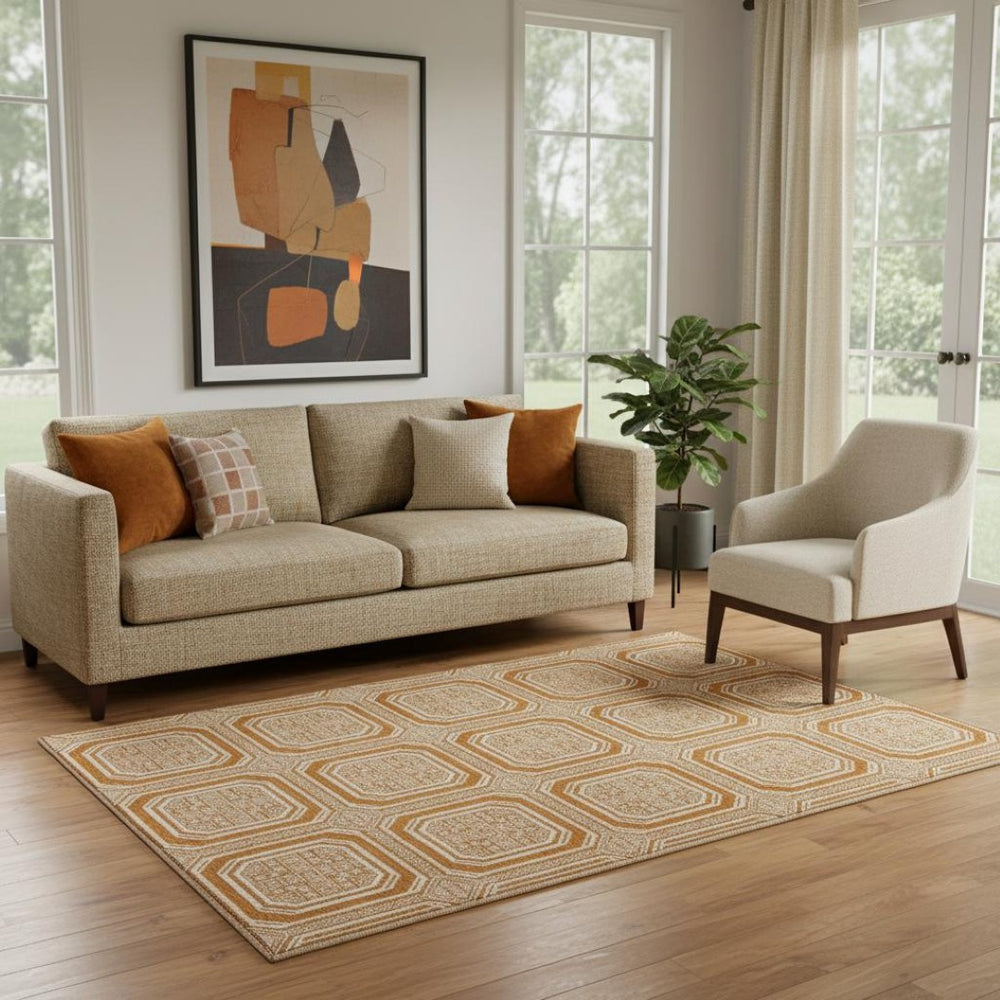 HomeRoots 5' X 8' Terra Cotta & Ivory Geometric Area Rug – Washable, UV Protected, Durable & Stylish Home Accent 693842