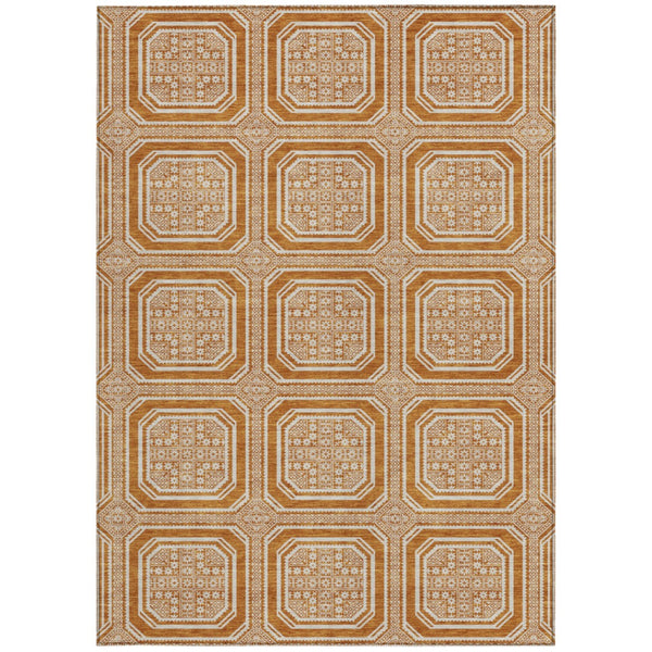 HomeRoots 5' X 8' Terra Cotta & Ivory Geometric Area Rug – Washable, UV Protected, Durable & Stylish Home Accent 693842