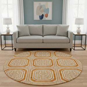 HomeRoots 8' X 8' Modern Geometric Terra Cotta Round Rug - Washable, UV-Protected, Stain-Resistant Beauty 693843