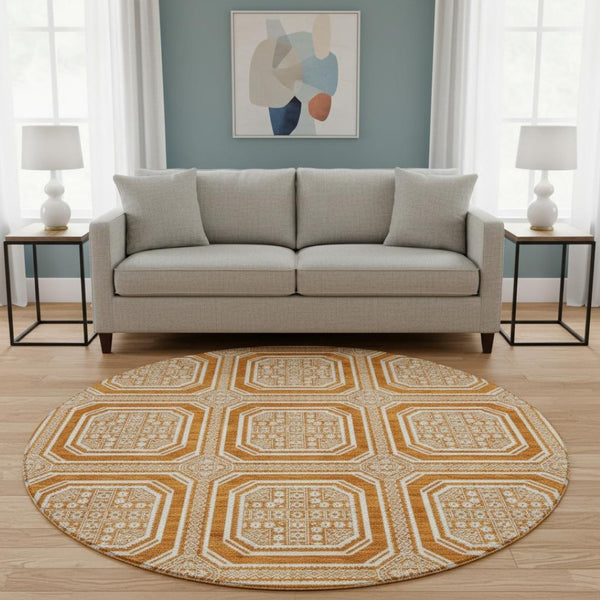 HomeRoots 8' X 8' Modern Geometric Terra Cotta Round Rug - Washable, UV-Protected, Stain-Resistant Beauty 693843