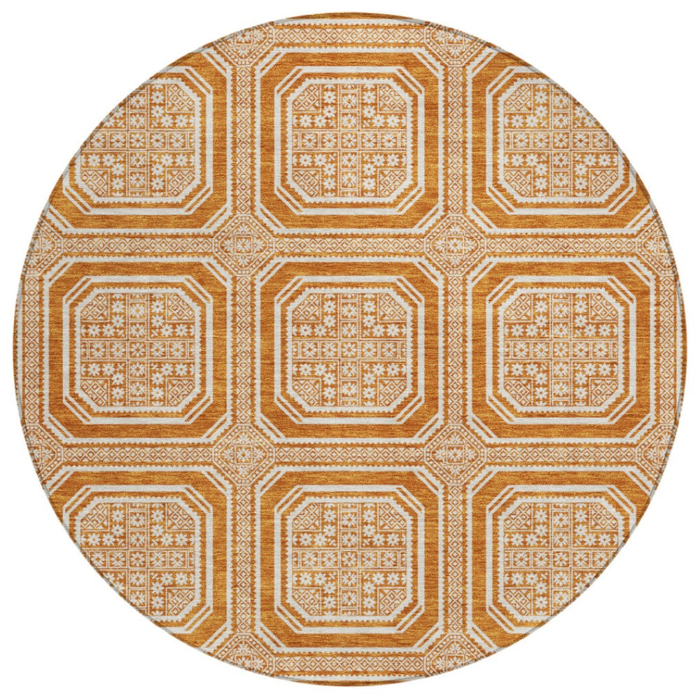 HomeRoots 8' X 8' Modern Geometric Terra Cotta Round Rug - Washable, UV-Protected, Stain-Resistant Beauty 693843