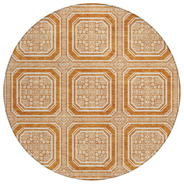 HomeRoots 8' X 8' Modern Geometric Terra Cotta Round Rug - Washable, UV-Protected, Stain-Resistant Beauty 693843