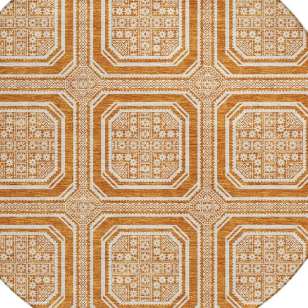 HomeRoots 8' X 8' Modern Geometric Terra Cotta Round Rug - Washable, UV-Protected, Stain-Resistant Beauty 693843