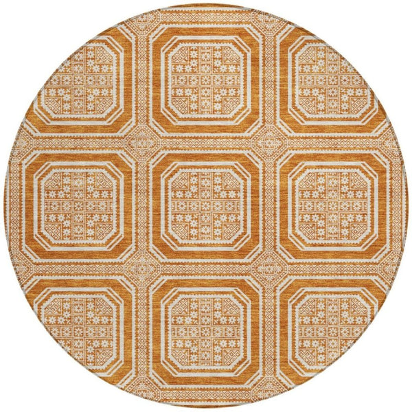 HomeRoots 8' X 8' Modern Geometric Terra Cotta Round Rug - Washable, UV-Protected, Stain-Resistant Beauty 693843