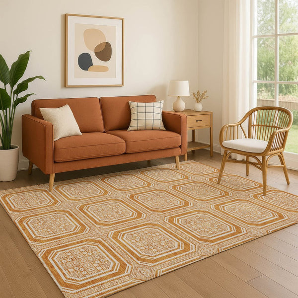 HomeRoots 8' Terra Cotta Geometric Area Rug - Washable, UV-Protected, Durable & Stylish for Busy Homes 693844