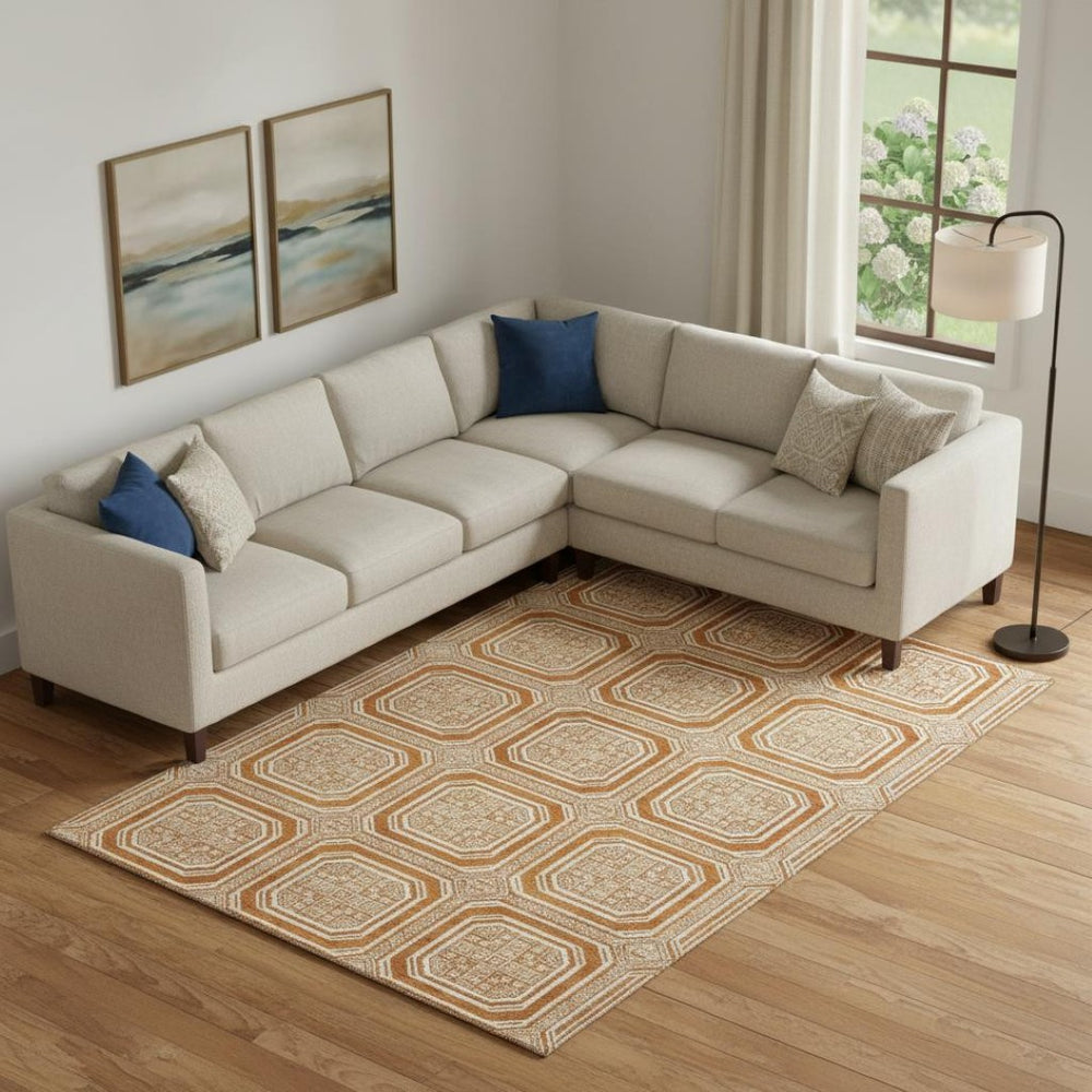 HomeRoots 9' X 12' Terra Cotta & Ivory Geometric Area Rug - Durable, Washable, UV-Protected for Family Living 693845