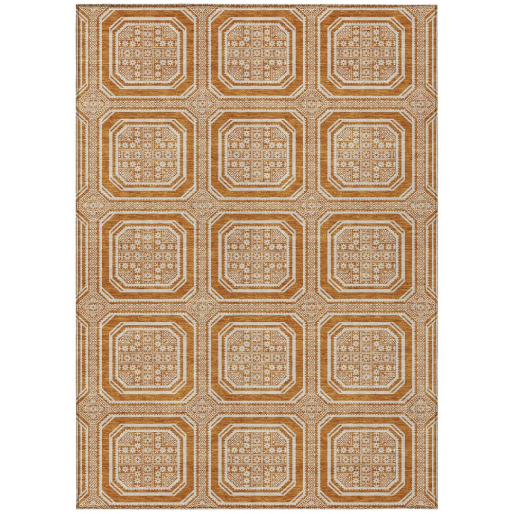 HomeRoots 9' X 12' Terra Cotta & Ivory Geometric Area Rug - Durable, Washable, UV-Protected for Family Living 693845
