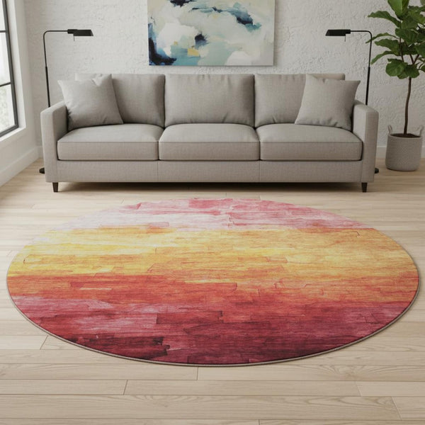 HomeRoots 8' X 8' Striped Blush Orange and Pink Washable Round Rug with UV Protection for Stylish Durability 693849