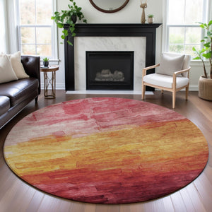 HomeRoots 8' X 8' Striped Blush Orange and Pink Washable Round Rug with UV Protection for Stylish Durability 693849
