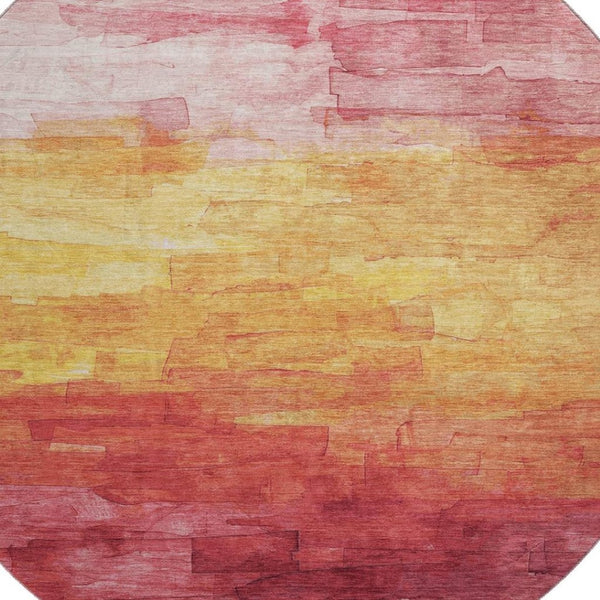 HomeRoots 8' X 8' Striped Blush Orange and Pink Washable Round Rug with UV Protection for Stylish Durability 693849