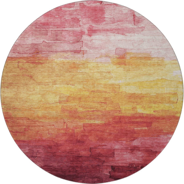HomeRoots 8' X 8' Striped Blush Orange and Pink Washable Round Rug with UV Protection for Stylish Durability 693849