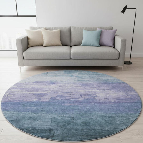 HomeRoots 8' Denim Blue, Lavender & Sky Blue Striped Round Rug - Washable, UV Protected & Stain Resistant! 693855