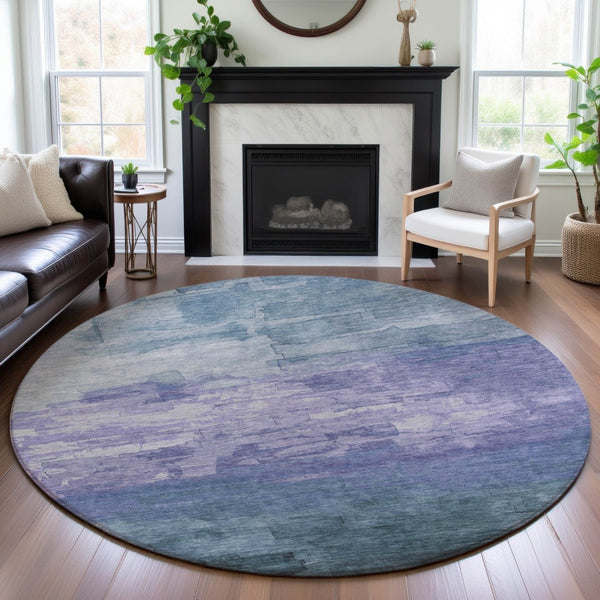HomeRoots 8' Denim Blue, Lavender & Sky Blue Striped Round Rug - Washable, UV Protected & Stain Resistant! 693855