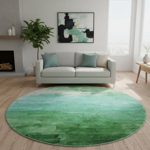 HomeRoots 8' X 8' Washable Round Rug in Green and Teal Stripes – Durable, UV-Protected, Easy Care for Homes 693861