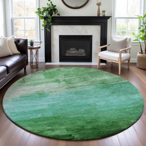 HomeRoots 8' X 8' Washable Round Rug in Green and Teal Stripes – Durable, UV-Protected, Easy Care for Homes 693861