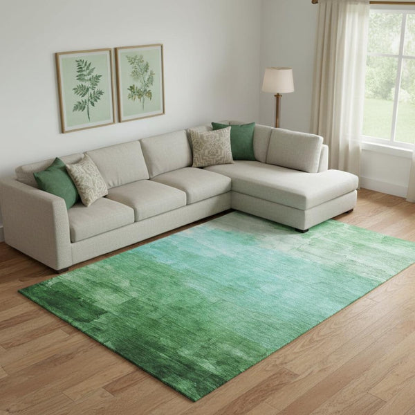 HomeRoots 10' X 14' Green And Teal Striped Area Rug – Durable, Washable, UV-Protected for Busy Homes & Pets 693864