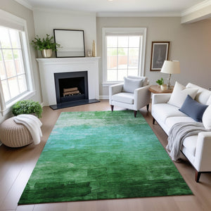 HomeRoots 10' X 14' Green And Teal Striped Area Rug – Durable, Washable, UV-Protected for Busy Homes & Pets 693864