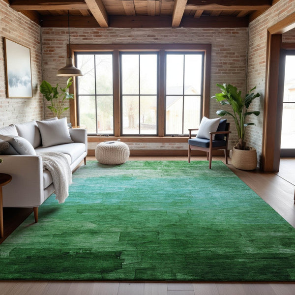 HomeRoots 10' X 14' Green And Teal Striped Area Rug – Durable, Washable, UV-Protected for Busy Homes & Pets 693864