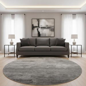 HomeRoots 8' Round Gray Silver and Charcoal Striped Washable Rug - Durable, UV Protected, Easy-Clean Design 693867