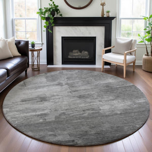 HomeRoots 8' Round Gray Silver and Charcoal Striped Washable Rug - Durable, UV Protected, Easy-Clean Design 693867