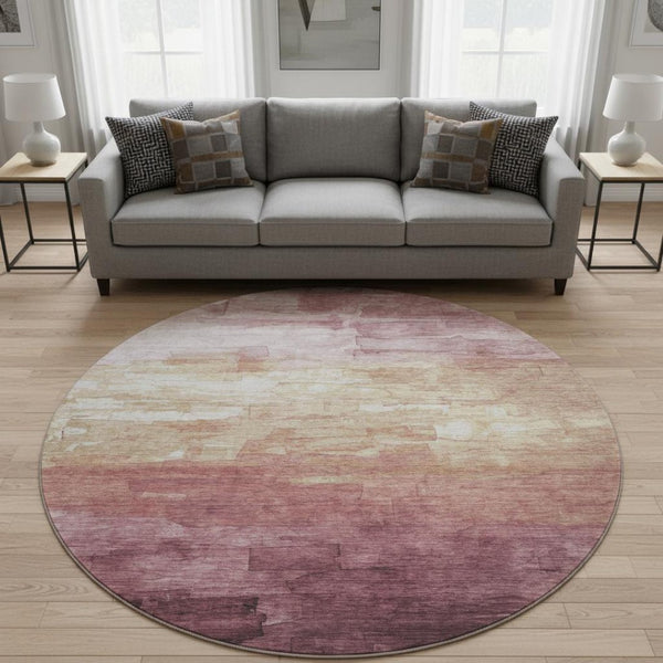 HomeRoots 8' Washable Round Rug in Mauve, Beige & Pink Stripes - UV Protected, Non-Slip, Durable Design for Homes 693879