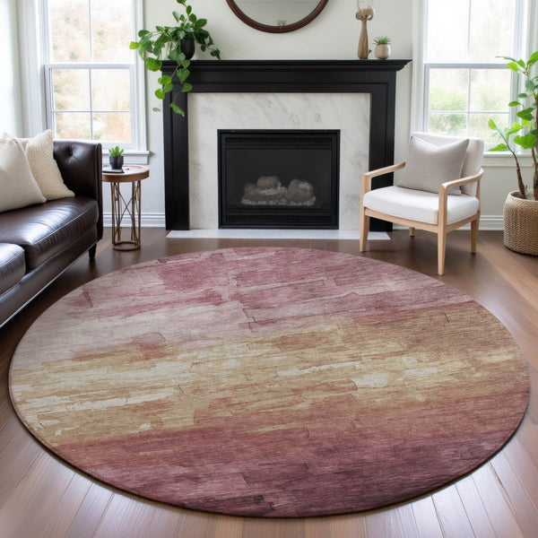 HomeRoots 8' Washable Round Rug in Mauve, Beige & Pink Stripes - UV Protected, Non-Slip, Durable Design for Homes 693879