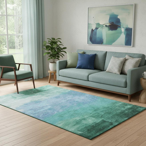 HomeRoots 5' X 8' Teal & Aqua Striped Washable Area Rug - UV Protected, Stain Resistant, Perfect for Sunlit Spaces! 693884