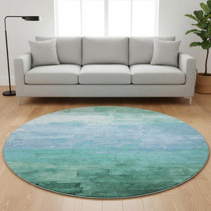 HomeRoots 8' X 8' Teal and Aqua Striped Round Rug - UV Protected, Washable, Stylish for High-Traffic Spaces 693885