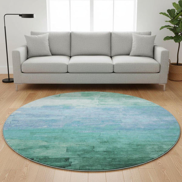 HomeRoots 8' X 8' Teal and Aqua Striped Round Rug - UV Protected, Washable, Stylish for High-Traffic Spaces 693885