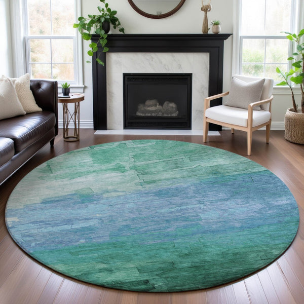 HomeRoots 8' X 8' Teal and Aqua Striped Round Rug - UV Protected, Washable, Stylish for High-Traffic Spaces 693885