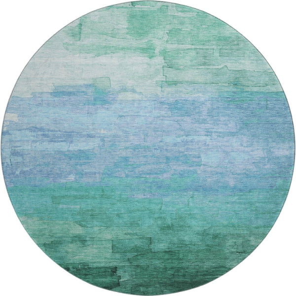 HomeRoots 8' X 8' Teal and Aqua Striped Round Rug - UV Protected, Washable, Stylish for High-Traffic Spaces 693885