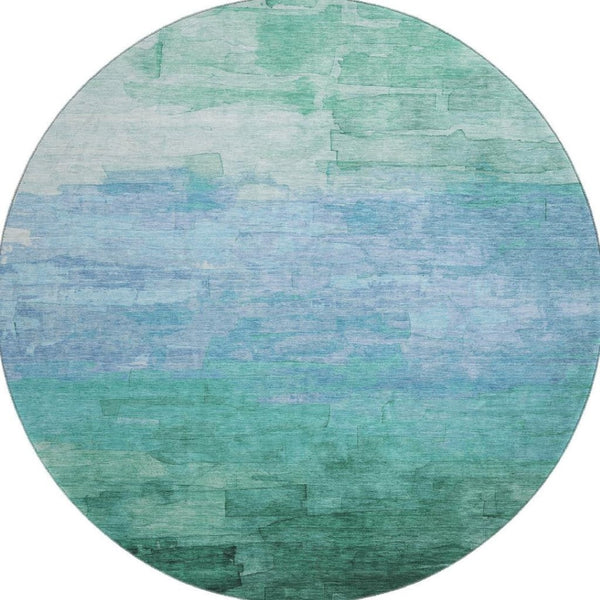 HomeRoots 8' X 8' Teal and Aqua Striped Round Rug - UV Protected, Washable, Stylish for High-Traffic Spaces 693885