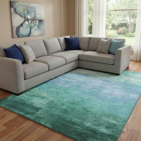 HomeRoots 8' Teal And Aqua Striped Area Rug - Durable, Washable, UV-Protected for Stylish, Active Homes 693886