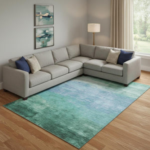 HomeRoots 9' X 12' Teal & Aqua Striped Washable Area Rug - Stain Resistant, UV Protected, Family-Friendly Design! 693887